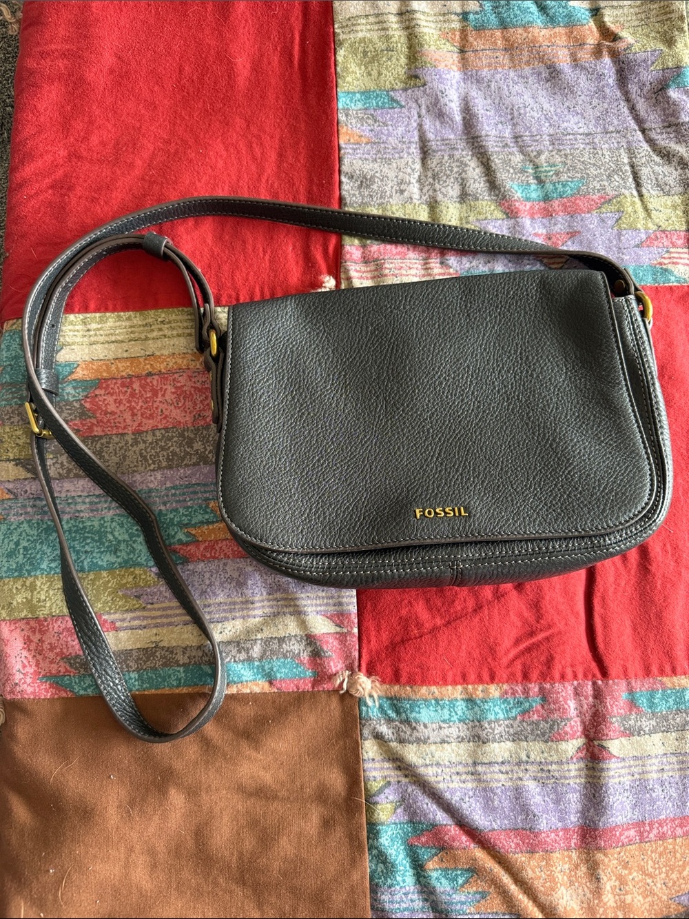 Fossil Black Pebbled Leather Flap Crossbody with Gold Logo